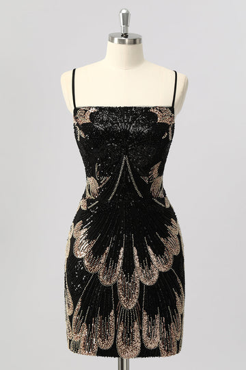 Black Bodycon Sequin Short Prom Dress with Lace Up Back